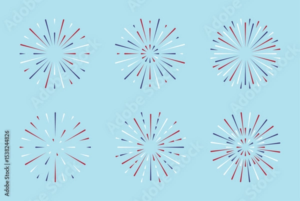 Fototapeta Fireworks USA flat style set. Fourth of July with a red white blue stars and sparks. United states of america independence day firecracker. Simple explosion.