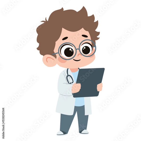 Obraz Cute baby boy in doctor costume holding a tablet. Flat vector illustration in simple child style on white background. Vector illustration