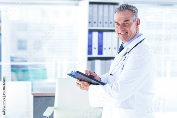 Obraz Male doctor writing clipboard with pen in lab coat stethoscope at clinic by shelving, copy space