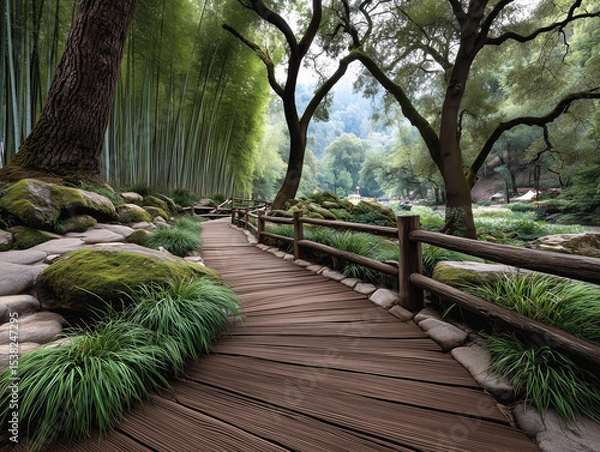 Obraz Serene Wooden Pathway: A captivating wooden pathway meanders through a lush, green oasis, inviting exploration, the gentle serenity. This photo captures the tranquility of a verdant haven.