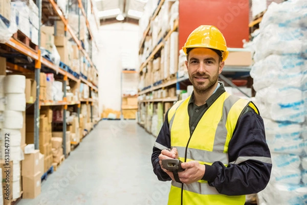 Obraz Male warehouse worker wearing vest scanning pallets on racks with scanner in aisle, copy space