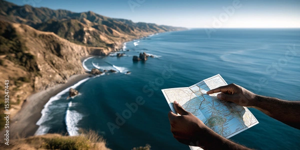 Obraz Coastal Navigation: Guiding the way along a scenic coastline, a map is held, charting the journey ahead amidst the boundless ocean. Explore, dream, and discover new horizons.