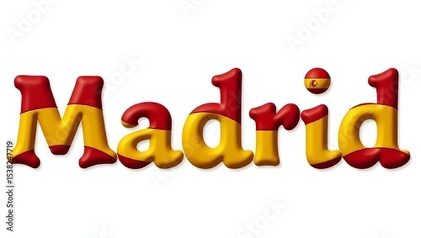 Obraz The word "Madrid" in bold letters filled with the red and yellow colors of the Spanish flag, with a subtle coat of arms. Flat vector style on white background, ideal for travel or editorial use.