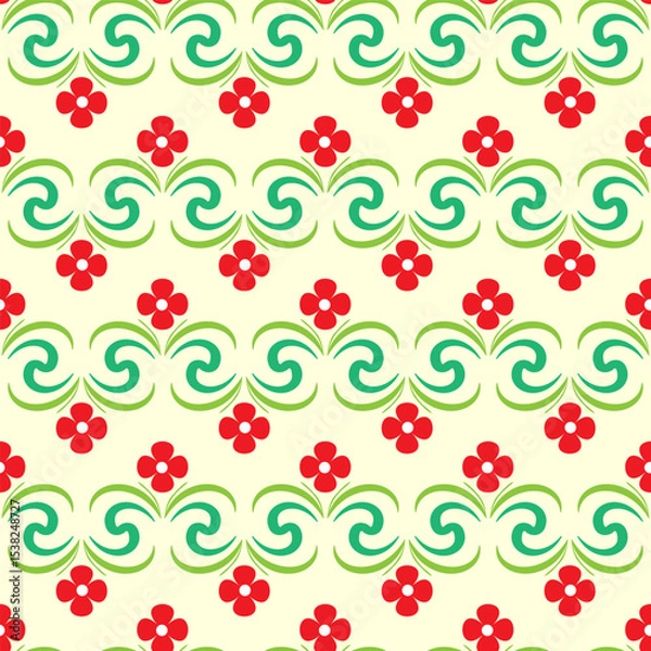 Fototapeta Abstract pattern with red flowers and green wave ine