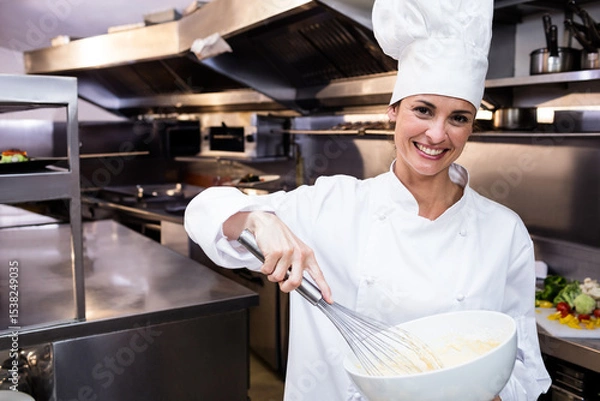 Obraz Wire whisk whisking creamy batter in large white bowl on steel workstation in commercial kitchen