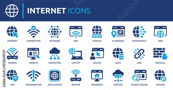 Fototapeta Internet icon set. Containing website, link, data, web, online, domain, technology, modem, VPN, hosting, connection and more. Solid vector icons collection.