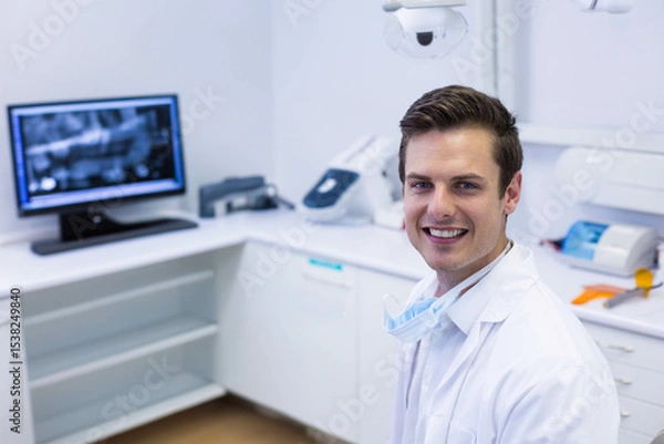 Obraz Male dentist standing by counter in treatment room with dental X-ray on monitor, copy space