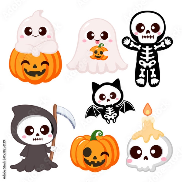 Obraz Cute halloween ghost, pumpkin and skeleton clip art