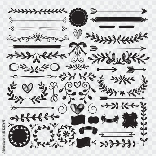 Fototapeta  hand-drawn black and white decorative vector elements. Include a variety of ornate dividers, borders, floral flourishes, leafy branches, swirls, hearts, arrows, and circular wreaths