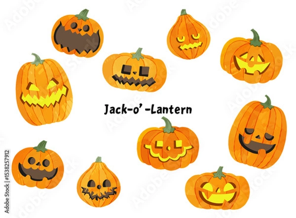 Fototapeta 水彩風のハロウィンのかぼちゃ、ジャックオランタンのイラスト素材セット