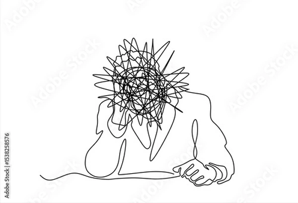 Obraz Continuous one line drawing of a man with confused feelings worried about bad mental health. Problems, stress, sad and depression concept in doodle style. Hand drawn one line vector. Editable stroke
