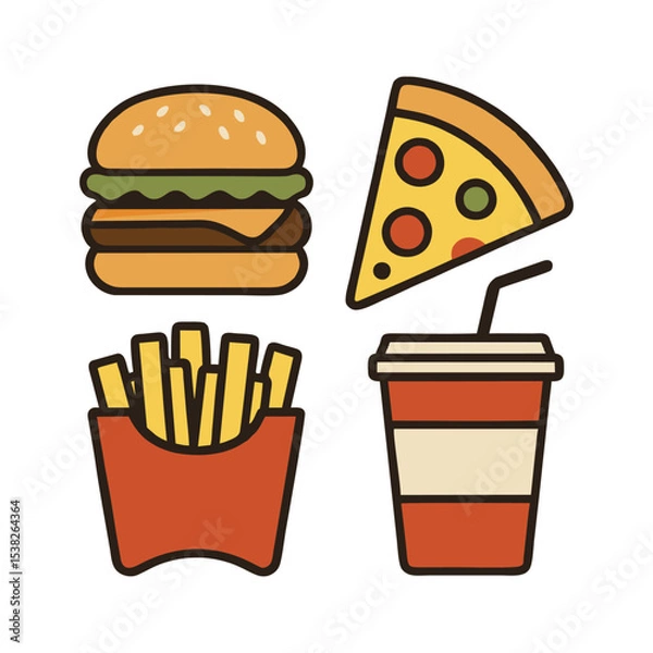 Fototapeta "Modern flat vector icon set representing fast food items. Includes icons of burgers, fries, pizza, cold drinks, hotdogs, and sandwiches in a clean and colorful design. Perfect for restaurant menus, f