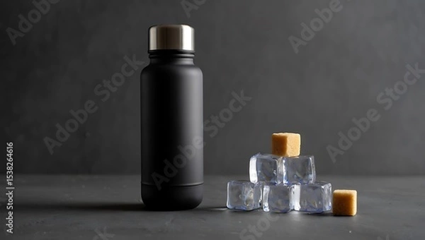 Fototapeta Black Water Bottle with Ice Cubes on Dark Gray Background