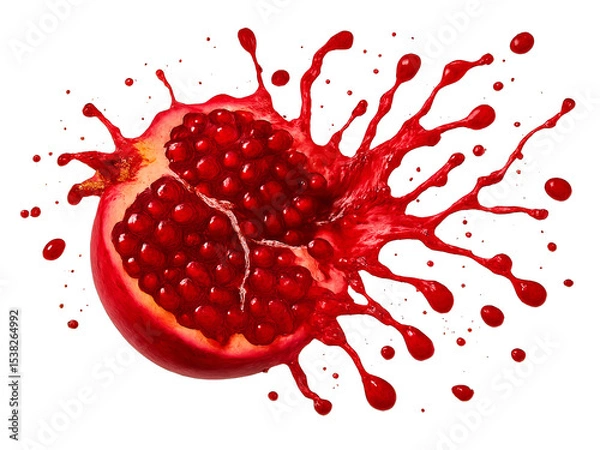 Obraz Half of a pomegranate exploding in mid-air with ruby-red juice and seeds flying outward, captured mid-splash, isolated on transparent background with high-speed detail and vivid lighting