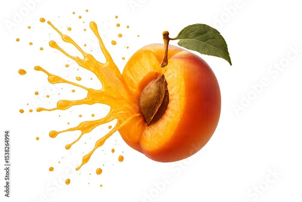 Obraz Ripe apricot bursting open with golden-orange juice spraying outward from the core, captured mid-air in a natural juicy explosion, isolated on transparent background in photorealistic style 
