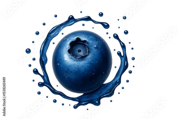 Obraz Realistic forest blueberry with matte-glossy surface and darker blue tone, surrounded by light violet translucent splash forming a crescent shape around the berry, soft shadows, isolated 