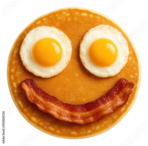 Fototapeta A pancake serves as the base for a smiling face, with two fried eggs as eyes and a strip of crispy bacon as the mouth.