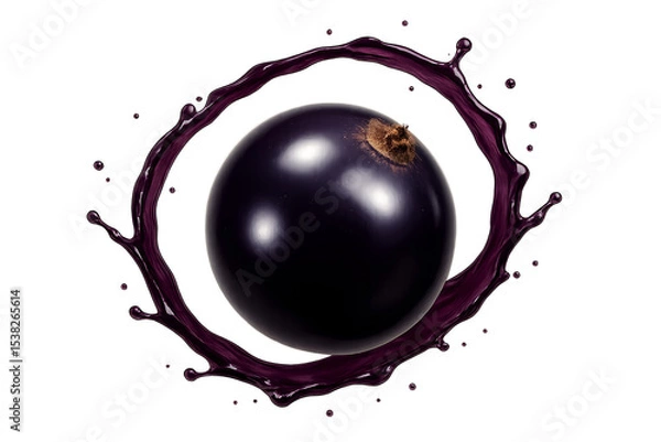 Obraz Shiny blackcurrant berry centered with deep purple tone and light reflections, surrounded by an elegant loop of dark juice splash,  composition without explosion, isolated on transparent background