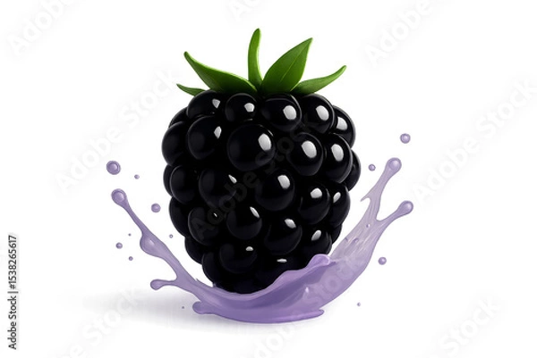 Obraz Glossy 3D blackberry centered with realistic shape and shine, surrounded by a delicate semi-transparent light purple splash gently wrapping around the lower part, subtle reflections, clean silhouette