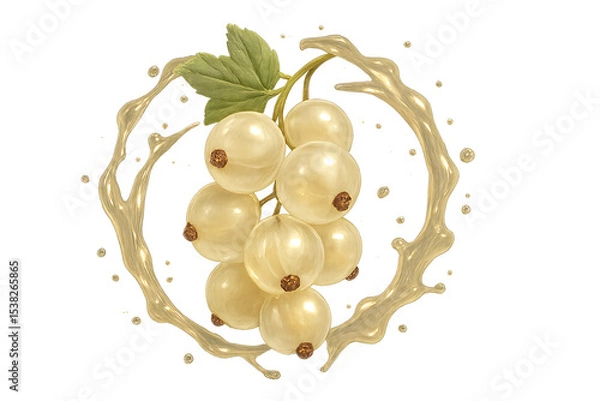 Obraz Semi-transparent white currant berry cluster with glossy finish and subtle golden shine, surrounded by faint yellowish liquid splash with soft motion and clean light reflections, isolated 