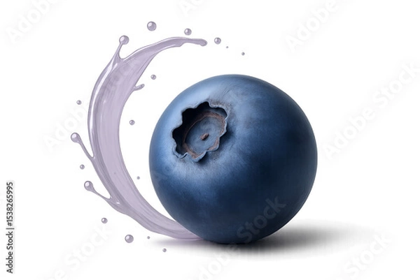 Obraz Single ripe blueberry with glossy surface surrounded by small droplets and deep blue juice splash swirling gently around the berry, minimal liquid on surface, isolated on transparent background