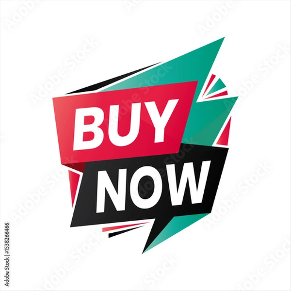 Fototapeta Buy Now Promotional Banner with Geometric Accents on White Vector Background. Red, Black, and Green Editable Banner.