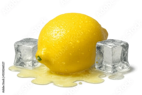 Obraz Shiny whole lemon in bright yellow partially surrounded by two melting ice cubes with light translucent splash of lemon juice around the base, condensation details, photorealistic render isolated 