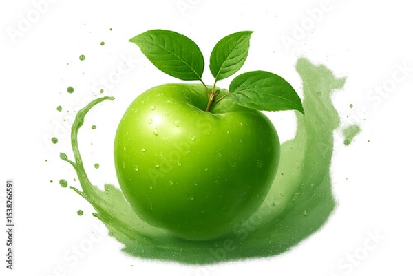 Obraz Bright green glossy apple with stem and two fresh leaves, surrounded by dynamic arc of soft green splash and misty water spray, realistic shine and droplets, isolated on transparent background