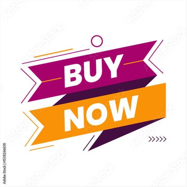 Fototapeta Crisp White Banner Layout with Buy Now Text and Dynamic Geometric Ribbons. Pink and Yellow Editable Banner.