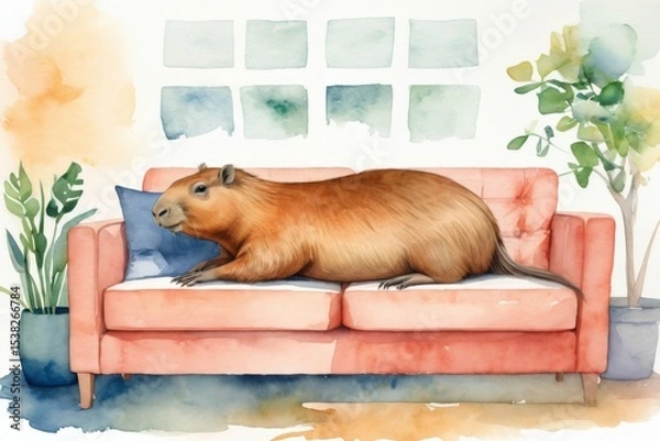 Obraz capybara on a couch. trendy viral pet meme animal. White copy space top, room for text. 