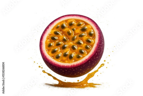 Obraz Halved passion fruit showing glossy golden pulp and black seeds, deep purple rind, gentle sprinkle of sugar dust around, light juice splash beneath, vivid tropical style, food render, isolated