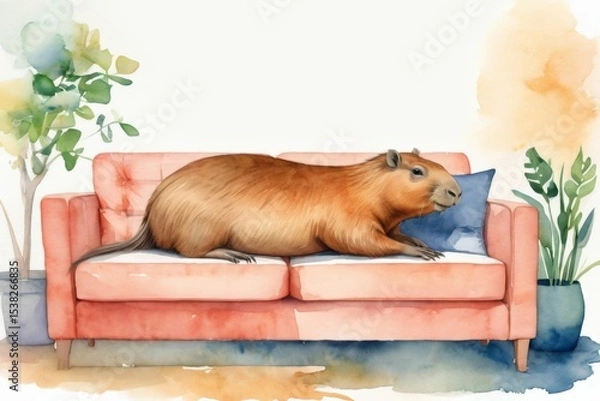 Obraz capybara on a couch. trendy pet meme animal. White copy space top, room for text. 