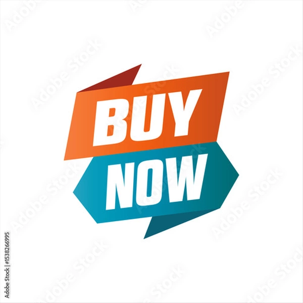 Fototapeta Geometric Shapes and Ribbons Surrounding Buy Now Banner on White Canvas. Orange and Green Editable Banner.