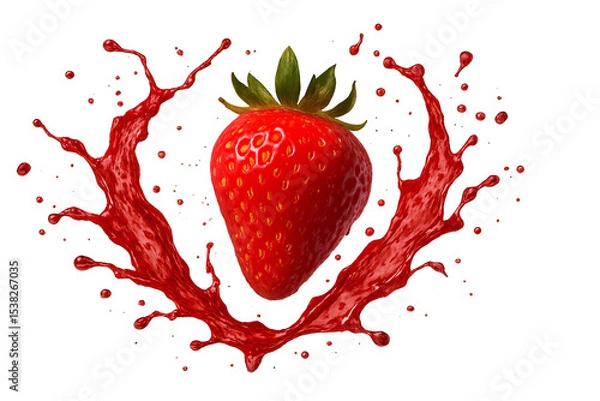 Obraz Floating strawberry captured in mid-air surrounded by a vivid splash of red juice, high-speed freeze frame, isolated on transparent background with realistic lighting and fine detail