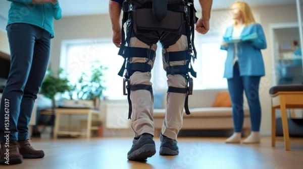 Fototapeta Man in Exoskeleton Walking with Medical Professionals in Rehabilitation Setting