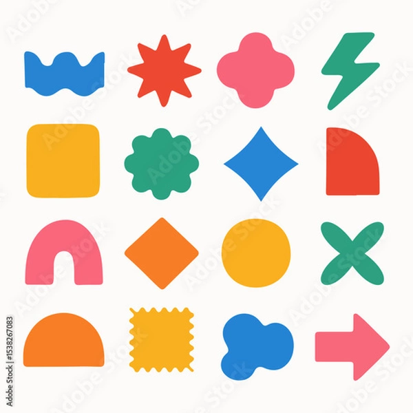 Obraz Set color figure pencil. Hand-drawn crayon design elements: round, square, and triangular shapes in a fun, kid-friendly style with ample copy space. 