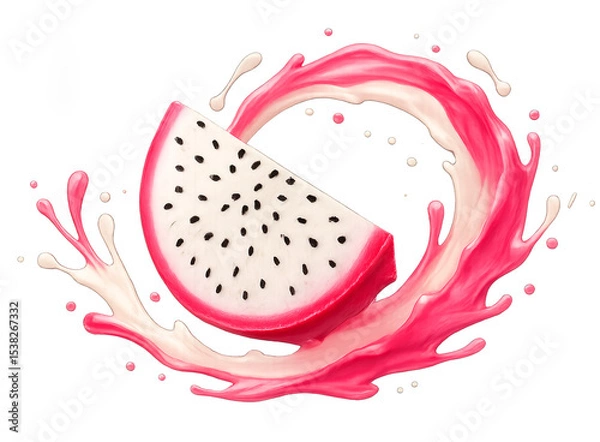 Obraz Dragon fruit slice with pink and white juice splash curling around it, stylized liquid motion captured mid-air, isolated on transparent background with clean edges and vibrant detail