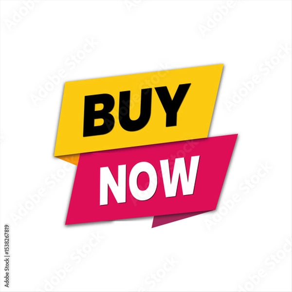 Fototapeta Abstract Buy Now Vector with Colorful Shapes and Smooth Ribbons Set Against a Bright White Backdrop. Editable Yellow and Pink Banner.