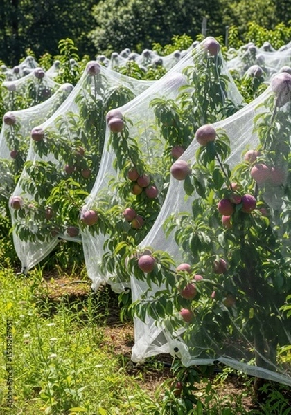 Fototapeta Peach Orchard Trees Protected By White Nets Under Sunlight