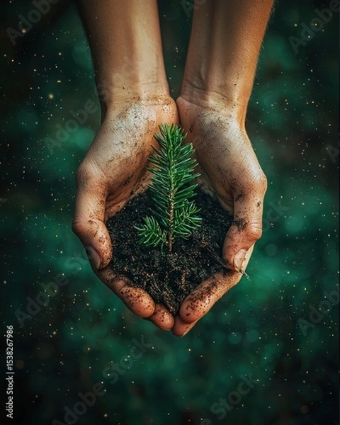Fototapeta Hands holding a small evergreen seedling in soil