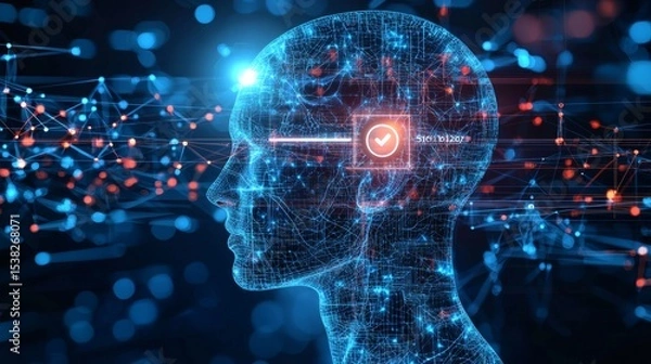 Fototapeta 3D schematic of neural network in side-profile head, circular marker highlighting blocked segment, clean background with infographic arrows