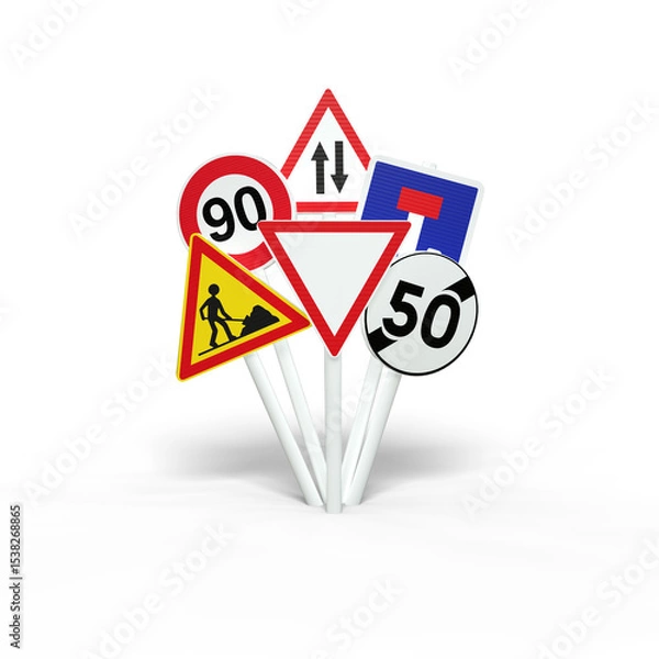 Fototapeta panneaux routiers en groupe, apprendre le code de la route, illustration 3D sur fond transparent