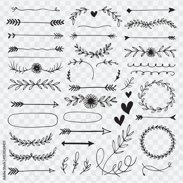 Fototapeta  hand-drawn black and white decorative vector elements. Include a variety of ornate dividers, borders, floral flourishes, leafy branches, swirls, hearts, arrows, and circular wreaths