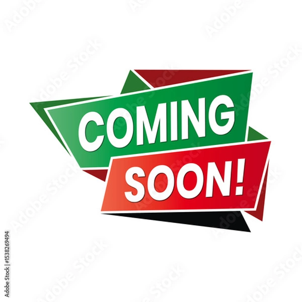 Fototapeta Coming Soon Message Highlighted with Vibrant Ribbons and Geometric Patterns on a White Modern Background. Green and Red Editable Banner.