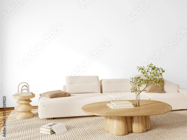 Fototapeta Angled Scandinavian Living Room PNG with Modular Sofa and Coffee Table – Wall-Free Cutout – Transparent Wall Mockup with Realistic Shadows – 3D render