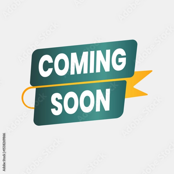 Fototapeta Stylish Coming Soon Announcement with Abstract Shapes and Ribbon Accents on a Clean White Surface. Green and Yellow Editable Banner.