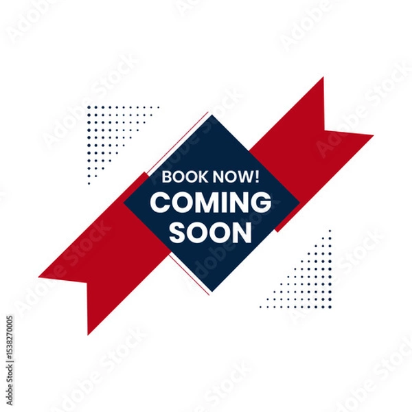 Fototapeta Elegant Coming Soon Message on a White Background with Decorative Geometric Shapes and Stylish Ribbons. Red and Blue Editable Banner.