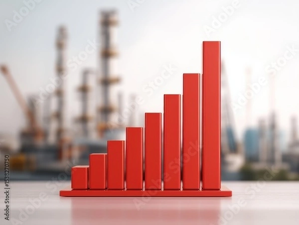 Fototapeta A red ascending bar graph stands on a desk with an industrial refinery blurred in the background, symbolizing the rise in oil prices due to disruptions in supply.
