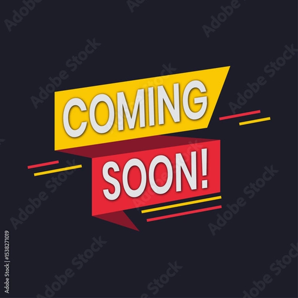 Fototapeta Coming Soon Banner with Colorful Geometric Shapes and Flowing Ribbons on a Clean Black Background. Yellow and Red Editable Banner.