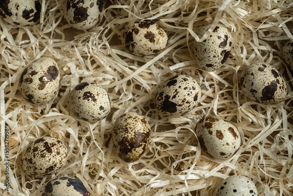 Fototapeta quail eggs scattered on a wooden surface by straw, Still life from above